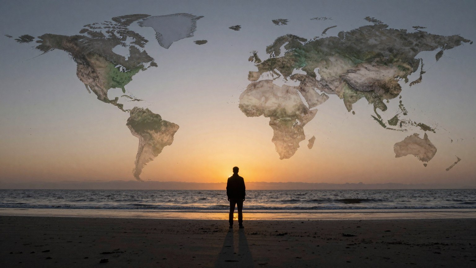 A lone figure stands at dawn on a vast shoreline, gazing towards a distant horizon where two continents meet, symbolic of bridging divides and future possibilities. (AI illustration)