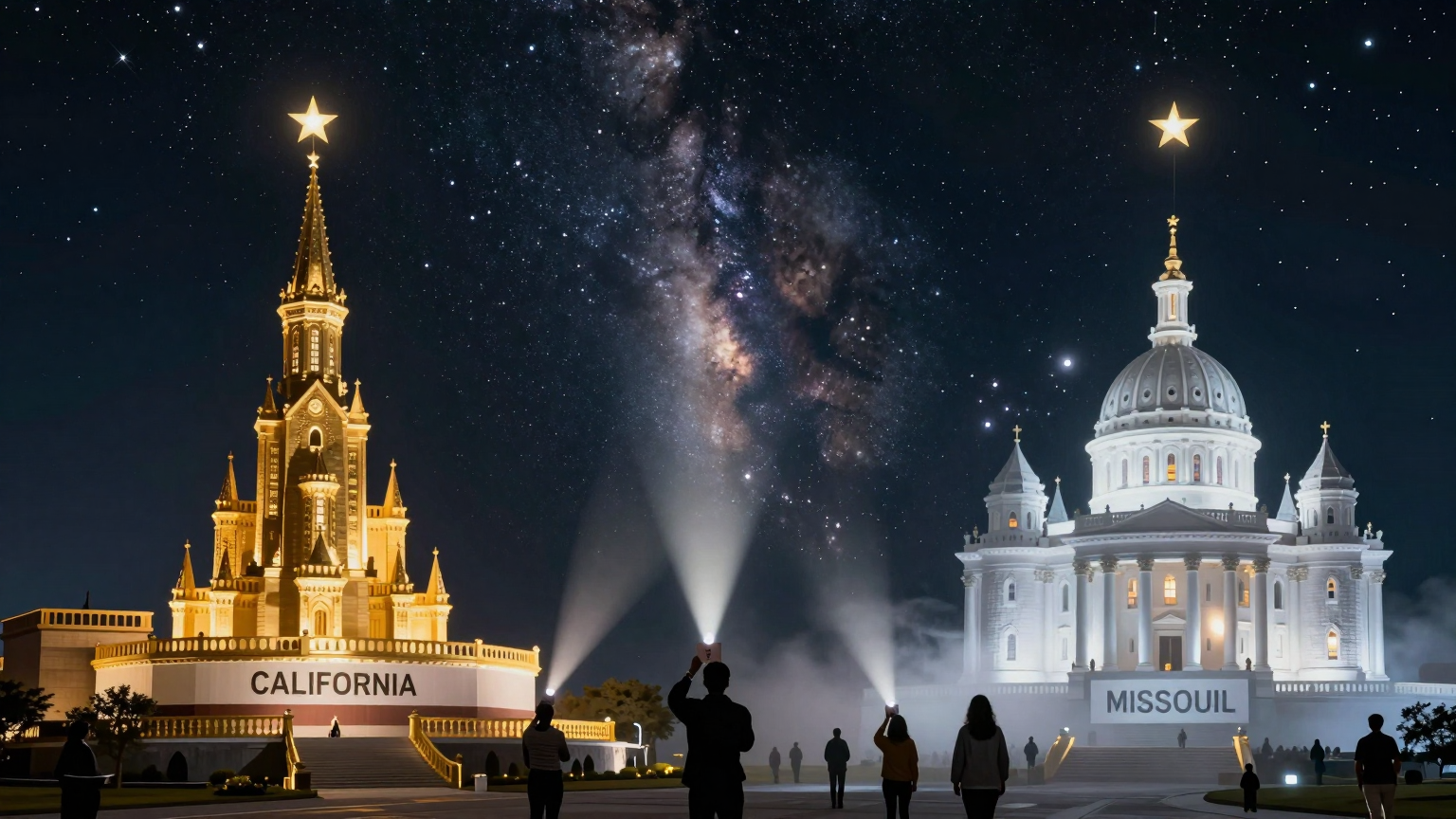 A sea of stars covers the night sky, each star representing a voter, casting their light towards two grand castles; one gleaming with gold (California) and the other veiled in mist (Missouri), symbolizing the weighty choices ahead. (AI illustration)