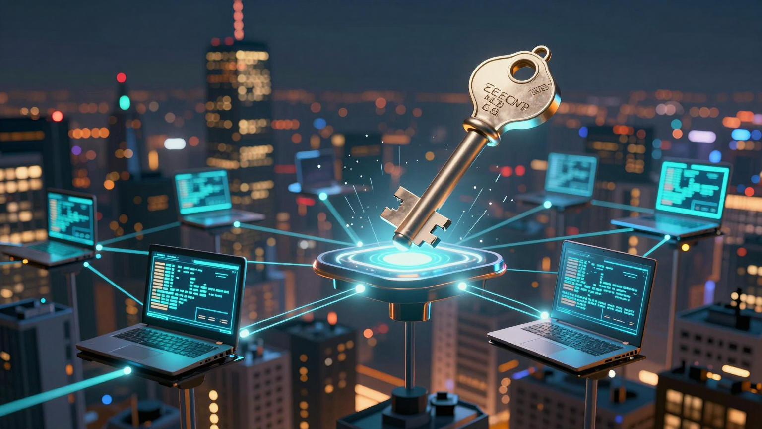 A glowing code key floats above a sprawling city of interconnected laptops, each one pulsing with data, while a hidden thread weaves through the network, linking them all to an unseen observer. (AI illustration)