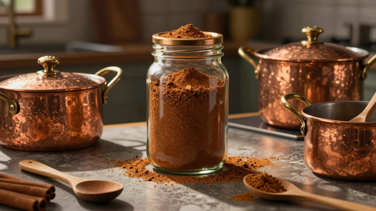 A cozy kitchen filled with gleaming copper pots and warm wooden spoons, while a jar of ground cinnamon looms ominously in the center, casting a shadow that seems to warn of hidden dangers. (AI illustration)